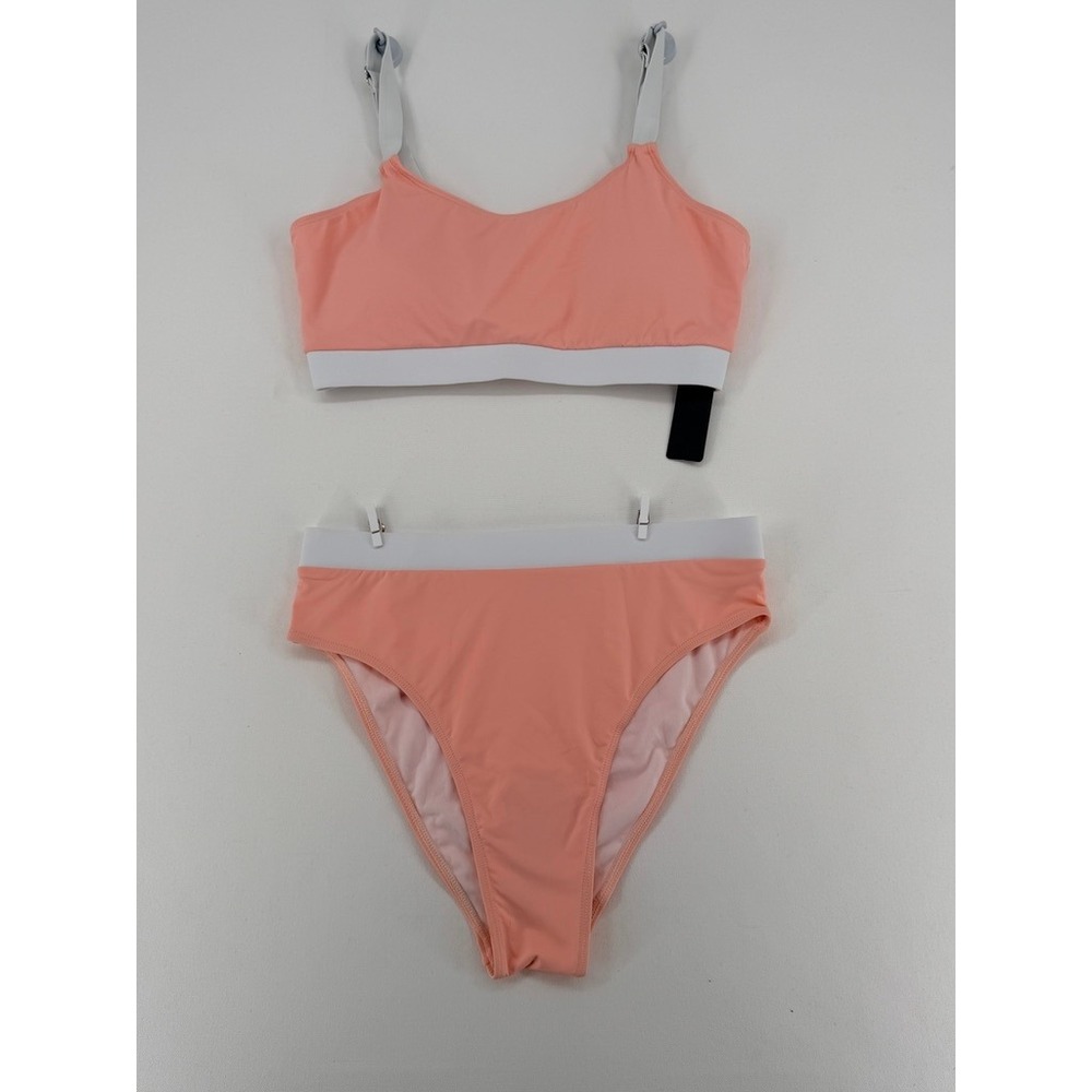 Tempt Me Bikini Set Peach Colorblock High Waisted Swim Size L NWT